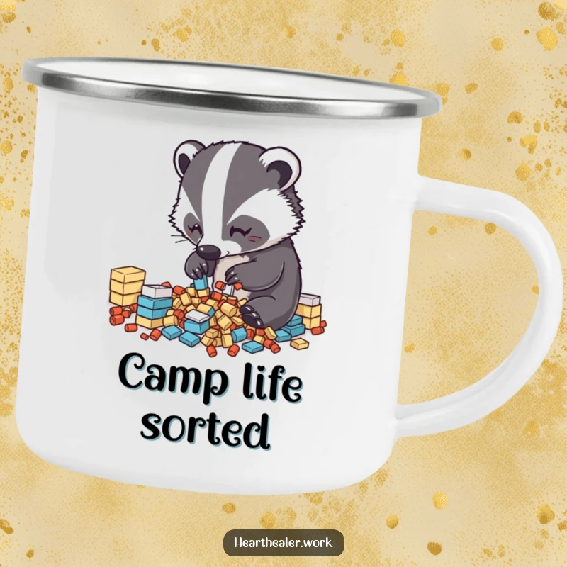 Funny Kawaii Badger Camping Mug: A cute badger sorting, perfect for outdoor enjoyment with organized humor. Ideal funny gift.