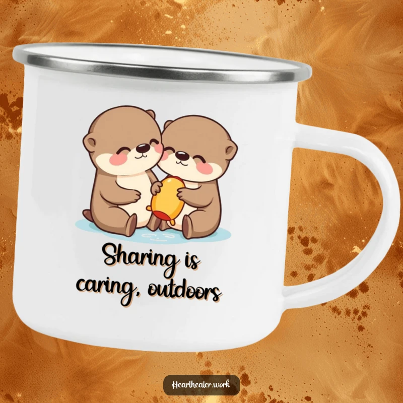 Funny Kawaii Otter Camping Mug: A cute otter sharing, perfect for outdoor adventures with a touch of humor. Ideal funny gift.