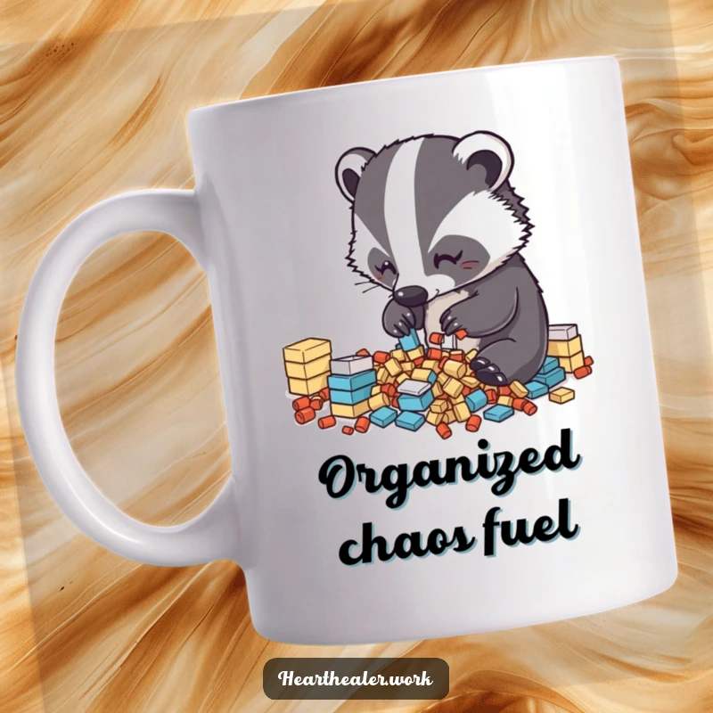 Funny Kawaii Badger Mug: A diligent badger neatly sorts items, showcasing organization and humor. Perfect funny gift.