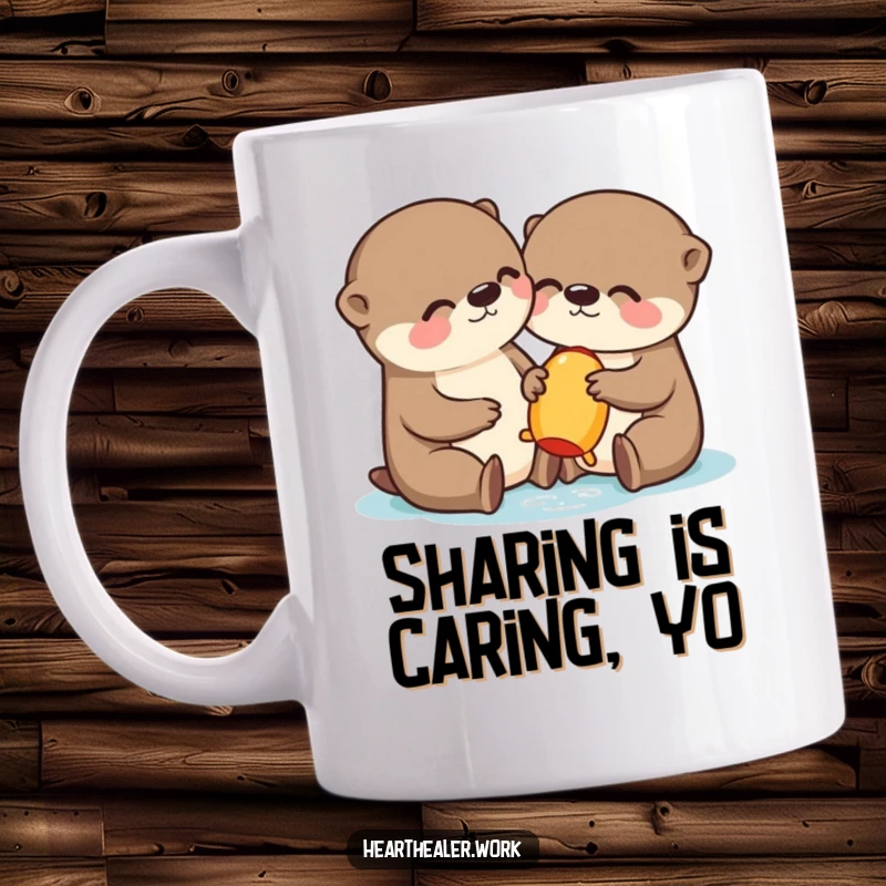 Funny Kawaii Otter Mug: A playful otter shares its toy with a friend, radiating cuteness and humor. Perfect funny gift.