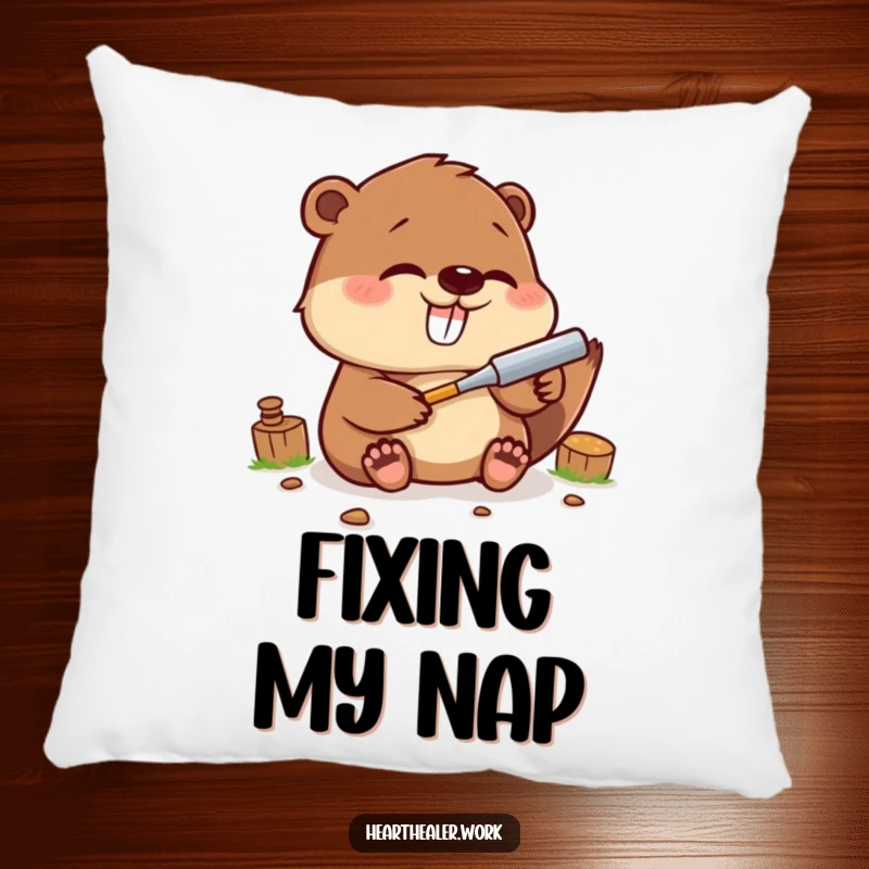 Funny Kawaii Beaver Pillow: A soft pillow featuring a beaver fixing, bringing cozy humor and crafty vibes. Wonderful funny gift.