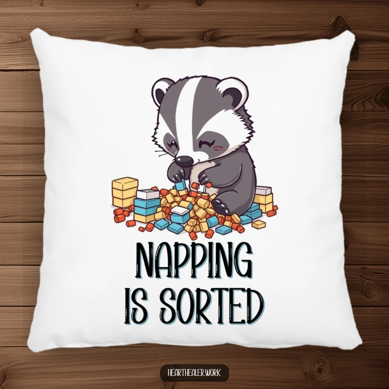 Funny Kawaii Badger Pillow: A soft pillow featuring a badger sorting items, bringing cozy humor and organization. Wonderful funny gift.