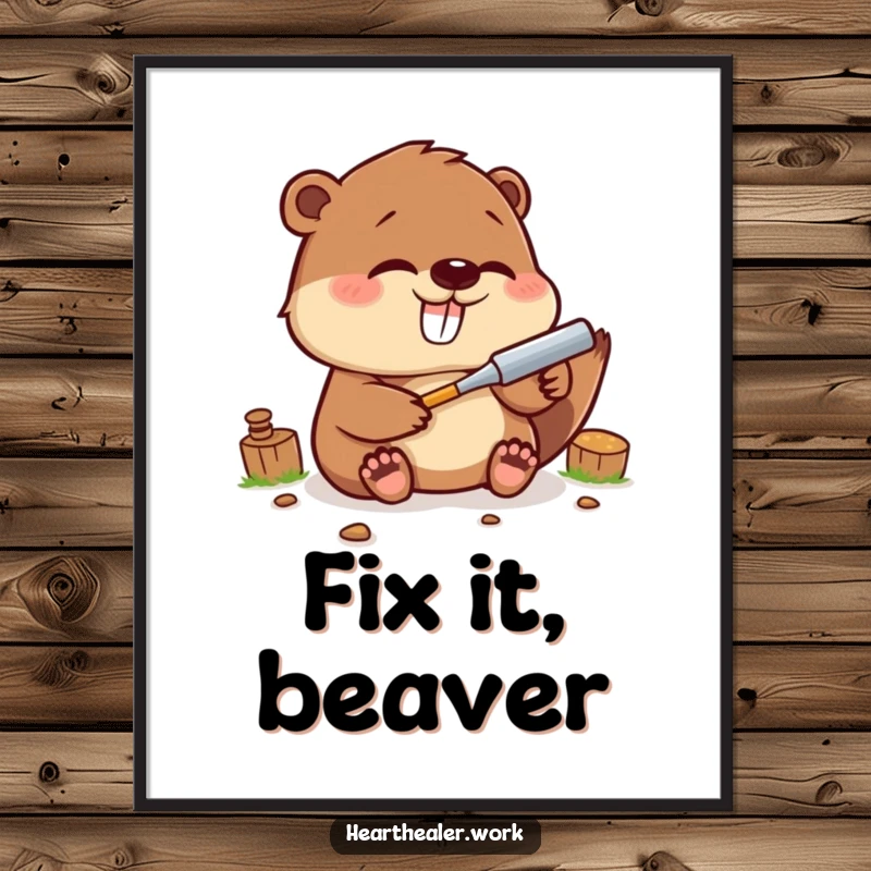 Funny Kawaii Beaver Digital Art Print: A cute beaver fixing with a tool, radiating joy and funny craftsmanship. Excellent funny gift.