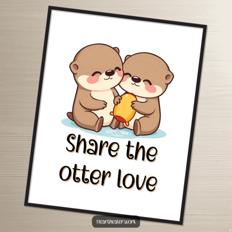 Funny Kawaii Otter Digital Art Print: A charming otter sharing, bringing sweet humor and adorableness to your walls. Excellent funny gift.