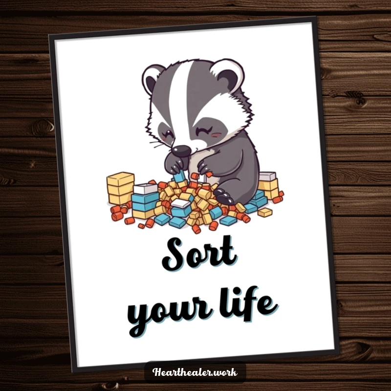 Funny Kawaii Badger Digital Art Print: A cute badger sorting diligently, bringing neatness and funny charm to wall decor. Excellent funny gift.