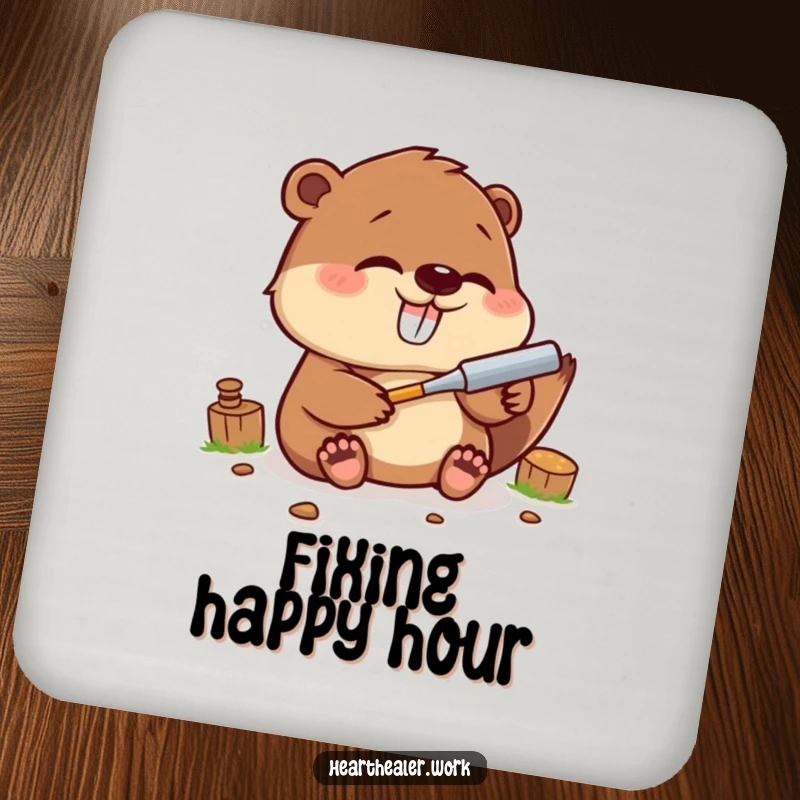 Funny Kawaii Beaver Drink Coasters: A giggling beaver fixing, protecting surfaces with cute, handy, and funny flair. Great funny gift.