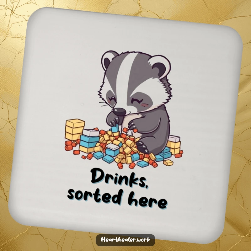 Funny Kawaii Badger Drink Coasters: A diligent badger organizing items, protecting surfaces with cute, neat, and funny flair. Great funny gift.