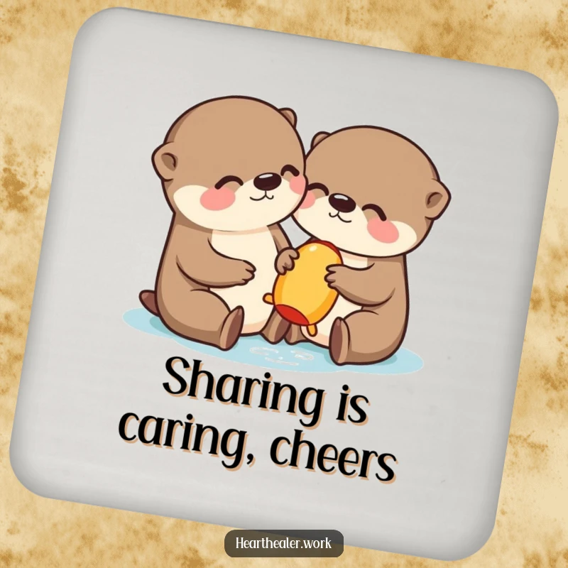Funny Kawaii Otter Drink Coasters: Adorable otter sharing a toy, protecting surfaces with cute and funny flair. Great funny gift.