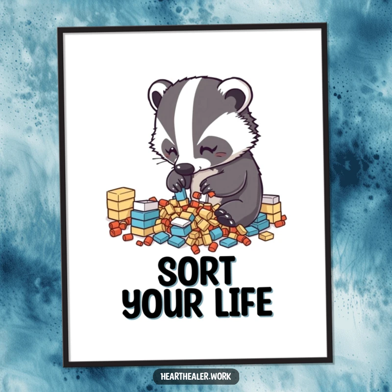 Funny Kawaii Badger Poster: A cute badger sorting diligently, bringing neatness and funny charm to wall decor. Excellent funny gift.