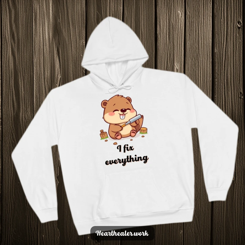 Funny Kawaii Beaver Hoodie: A cheerful beaver fixing something, bringing cozy humor and a crafty vibe. Ideal funny gift.