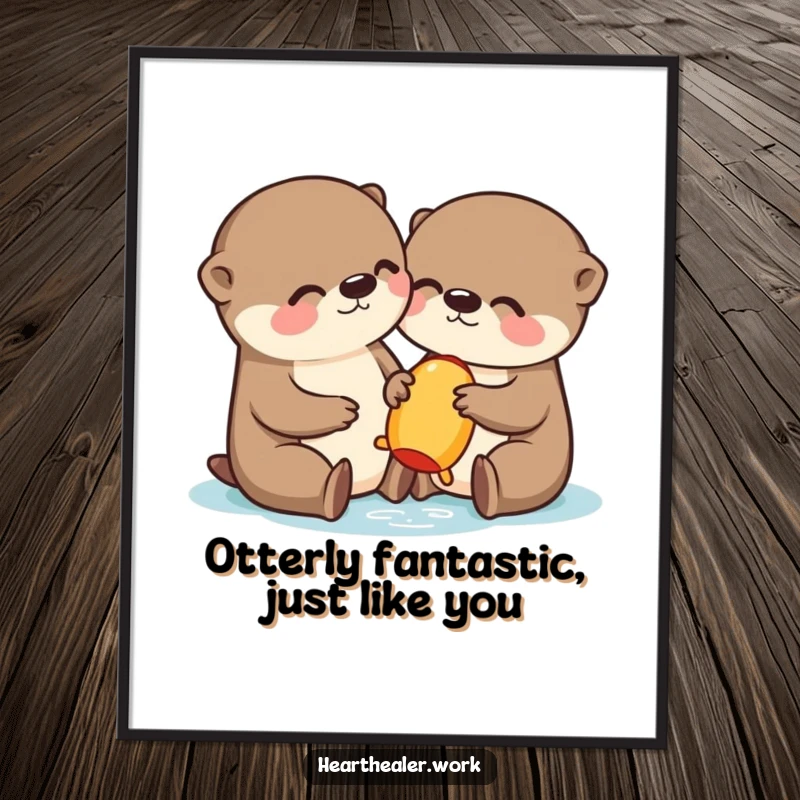 Funny Free Printable Wall Art: Playful kawaii otter sharing a toy, decorating walls with adorable friendship and cute charm.