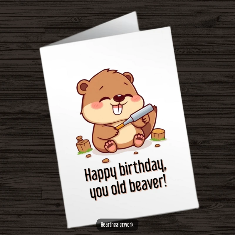 Funny Free Printable Birthday Card: Giggling kawaii beaver using a tool to fix something, celebrating birthdays with industrious joy.