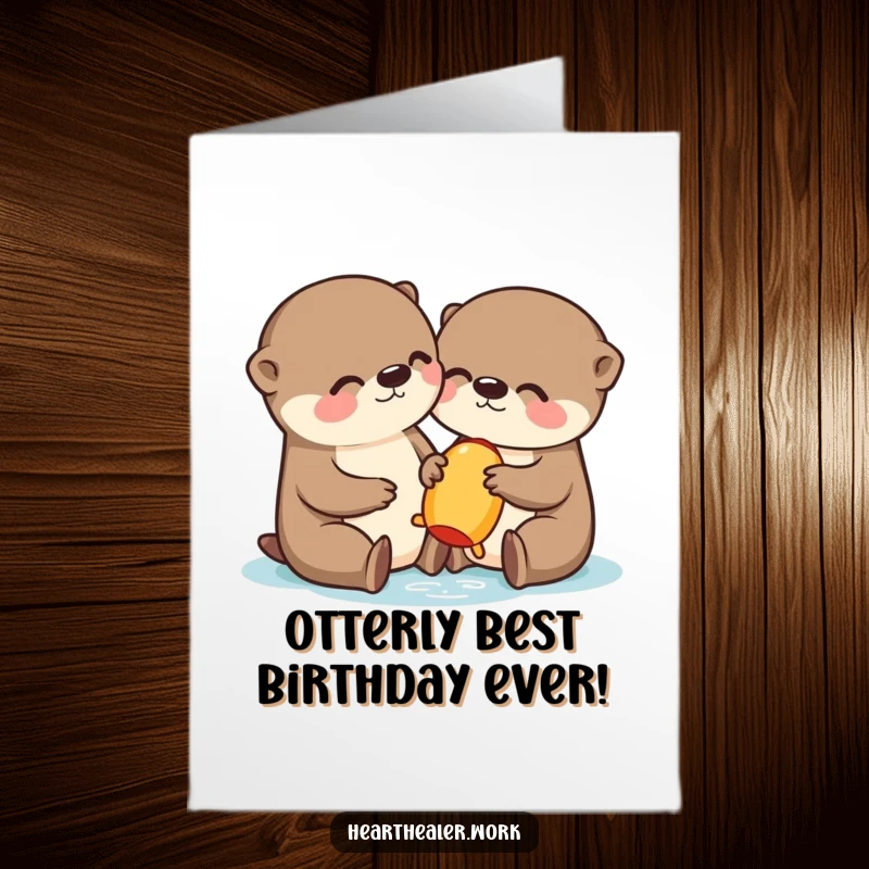 Funny Free Printable Birthday Card: Playful kawaii otter sharing a toy, spreading joy and birthday cheer with a cute smile.