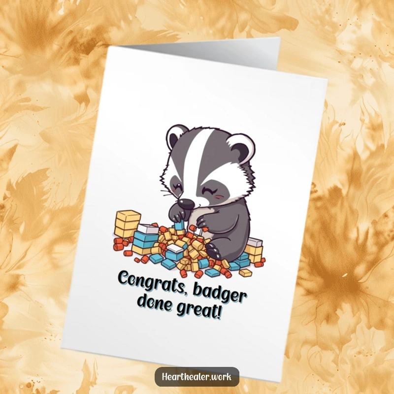 Funny Free Printable Congratulations Card: Diligent kawaii badger sorting items into neat piles, celebrating achievements with organized flair.