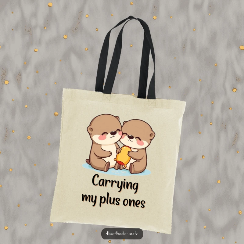 Funny Kawaii Otter Tote Bag: Adorable otter sharing a toy, perfect for carrying essentials with a smile. A delightful funny gift.